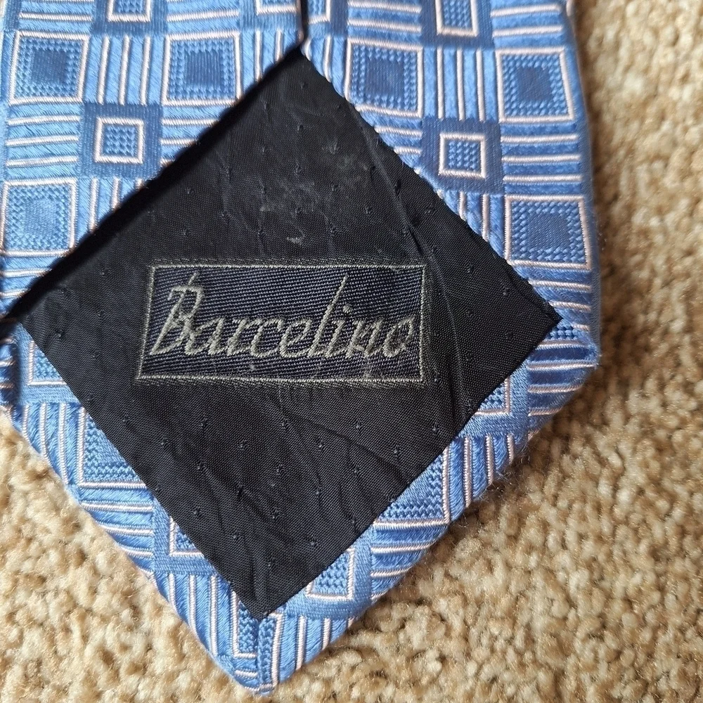 Barcelino Mens 100% Silk Tie Blue Geometric 4